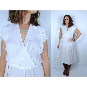 vintage 70s Sheer Ivory 3D FLOWERS Boho DRESS Medium/Lg belted secretary retro